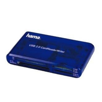 Lector de tarjetas azul. Marca Hama. USB 2.0. Ranuras para varias tarjetas. Vista superior, fondo blanco.