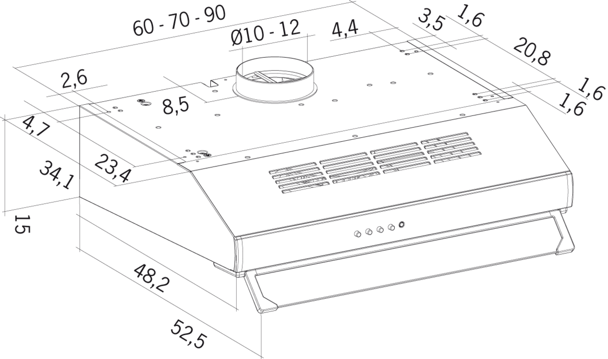 Dibujo esquemático de una campana extractora con dimensiones. Tiene forma rectangular y una salida.