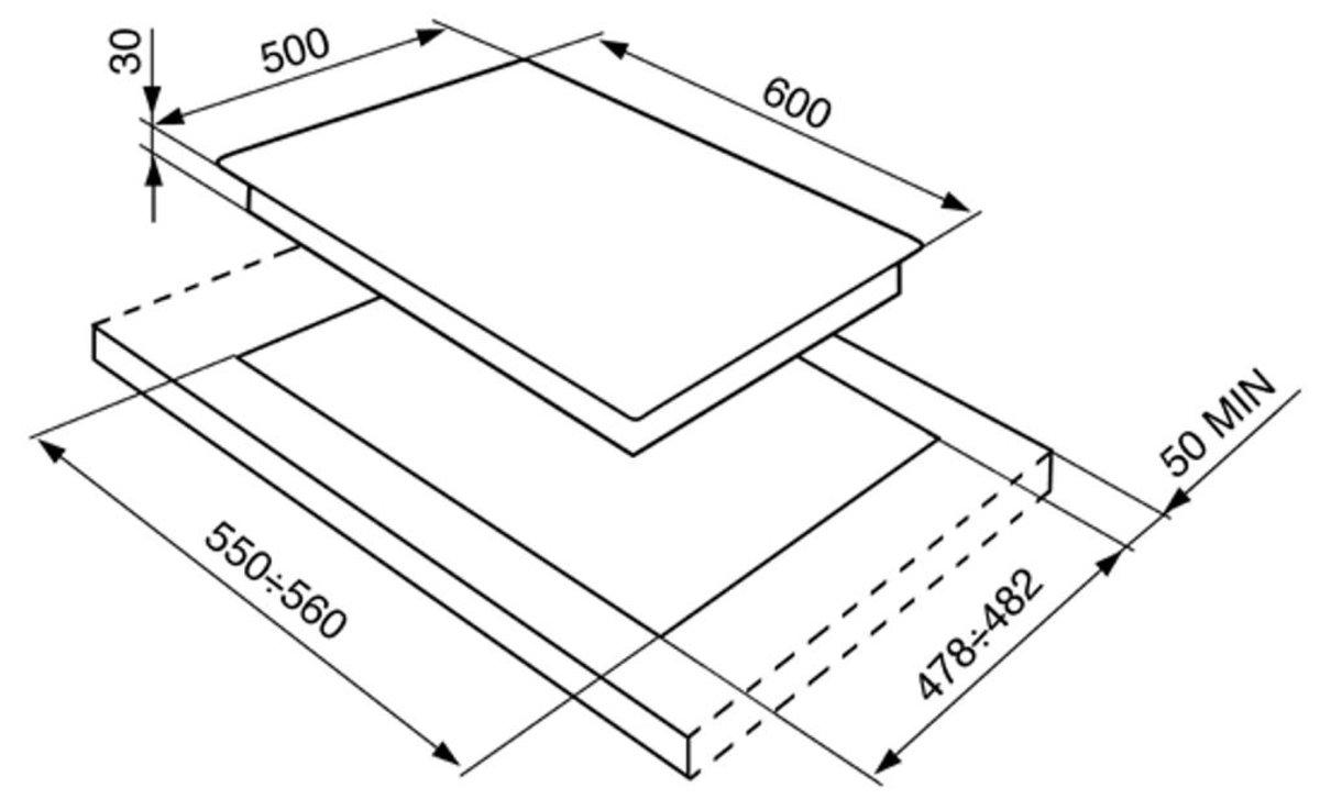 Dibujo técnico de una placa de inducción con dimensiones. Dos zonas de cocción son visibles. Vista diagramática.