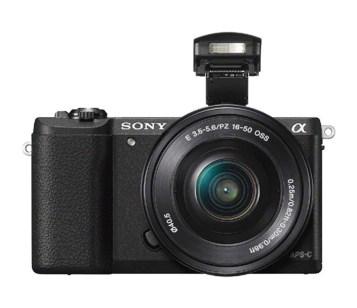 Cámara Sony negra con lente y flash. Está mirando directamente al espectador.