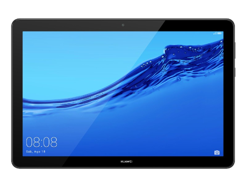 Tableta negra con fondo azul similar al agua en la pantalla.