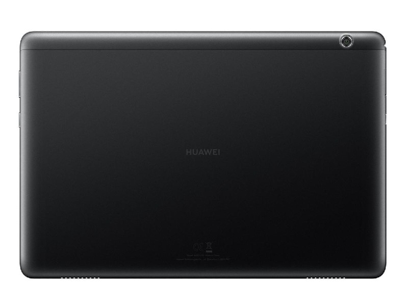 Parte trasera de tableta Huawei negra con cámara, sobre fondo blanco. El logotipo es visible.