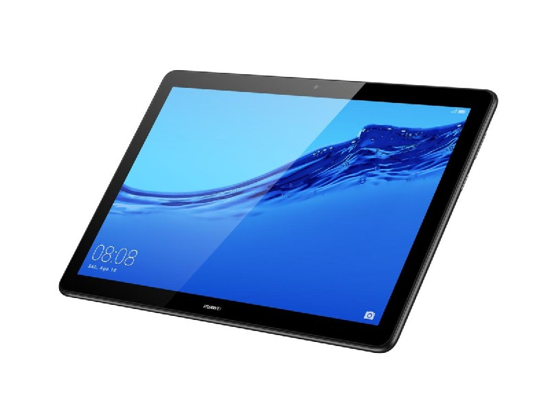 Una tableta Huawei negra con una pantalla azul, que muestra una imagen similar al agua.