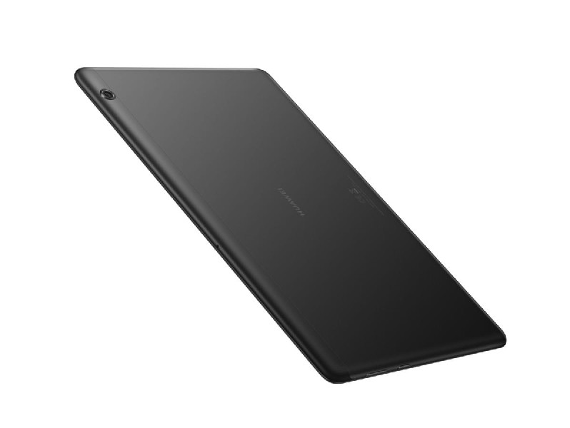 Una tableta Huawei negra, ligeramente inclinada, que muestra la parte trasera con el logotipo de Huawei.