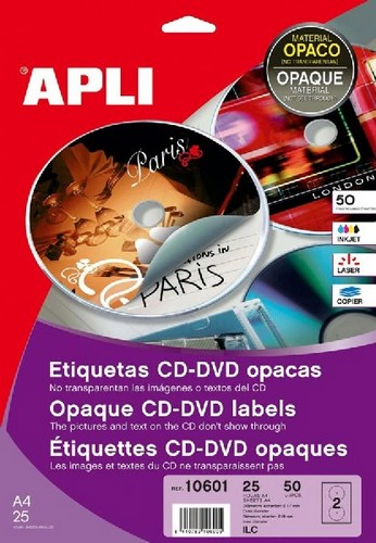 Etiquetas de impresión – Apli Etiquetas CD/DVD, 25 Etiquetas, Blanco