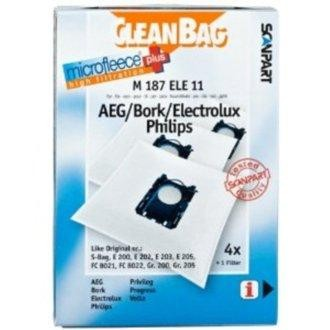 Un paquete de bolsas de aspiradora Clean Bag. Contiene 4 bolsas más un filtro. Colores blanco y azul.