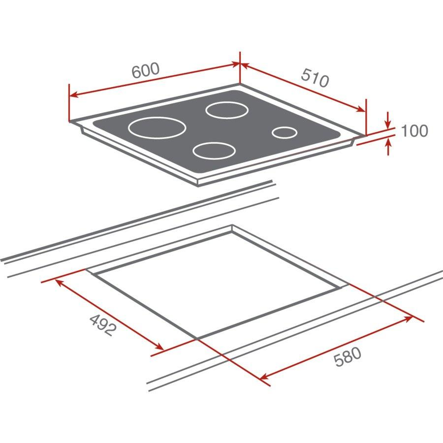 Diagrama de una placa de cocina con medidas. Gris y blanco con fondo blanco.