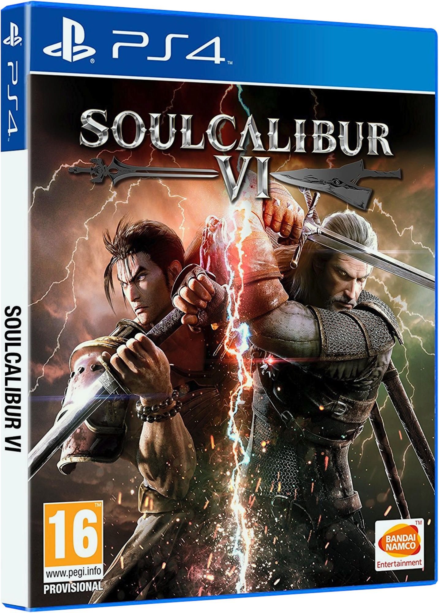Caja del juego Soulcalibur VI para PS4. Dos personajes luchando con espadas, rayos al fondo.