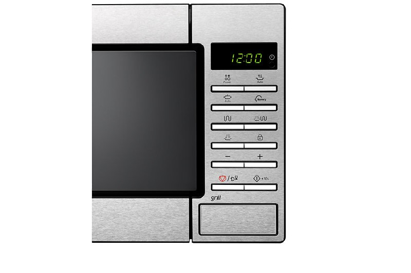 Un panel de control de microondas de acero inoxidable con botones y un reloj digital que muestra 12:00.