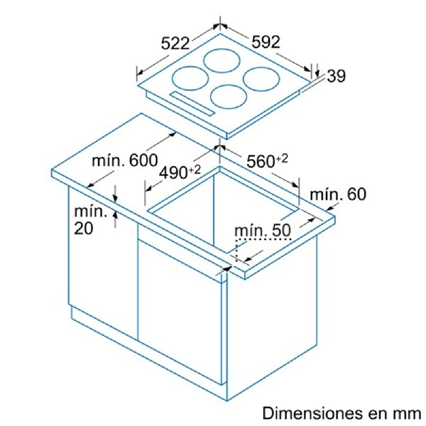 Diagrama de una placa de cocina con dimensiones. El fondo es blanco.
