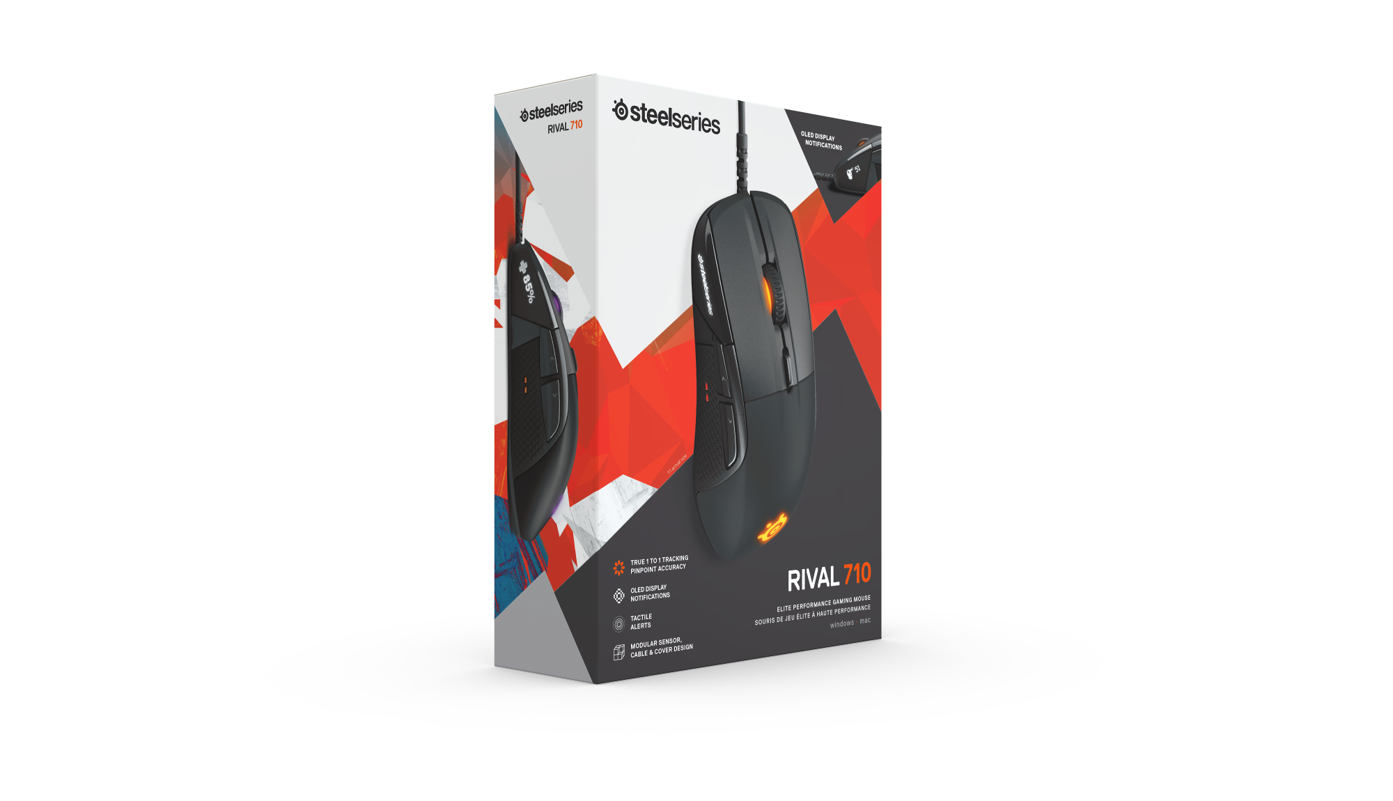 Kırmızı ve siyah tasarımlı kutuda SteelSeries Rival 710 oyun faresi. Beyaz arka plan.