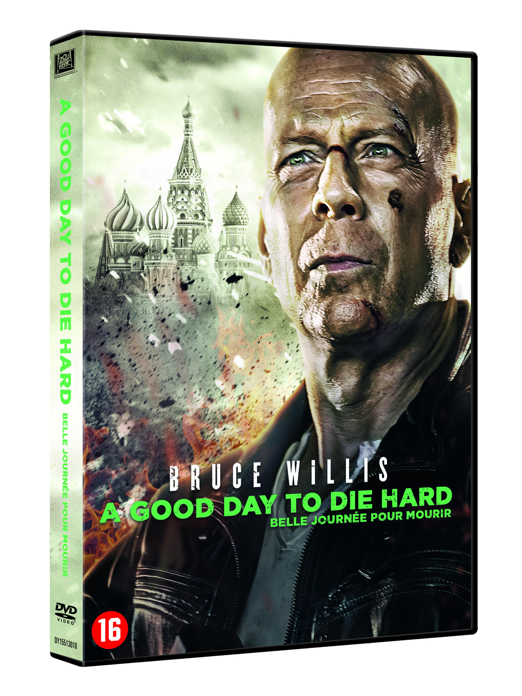 Couverture DVD du film 'Die Hard : Belle journée pour mourir'. Avec Bruce Willis et une ville en feu.
