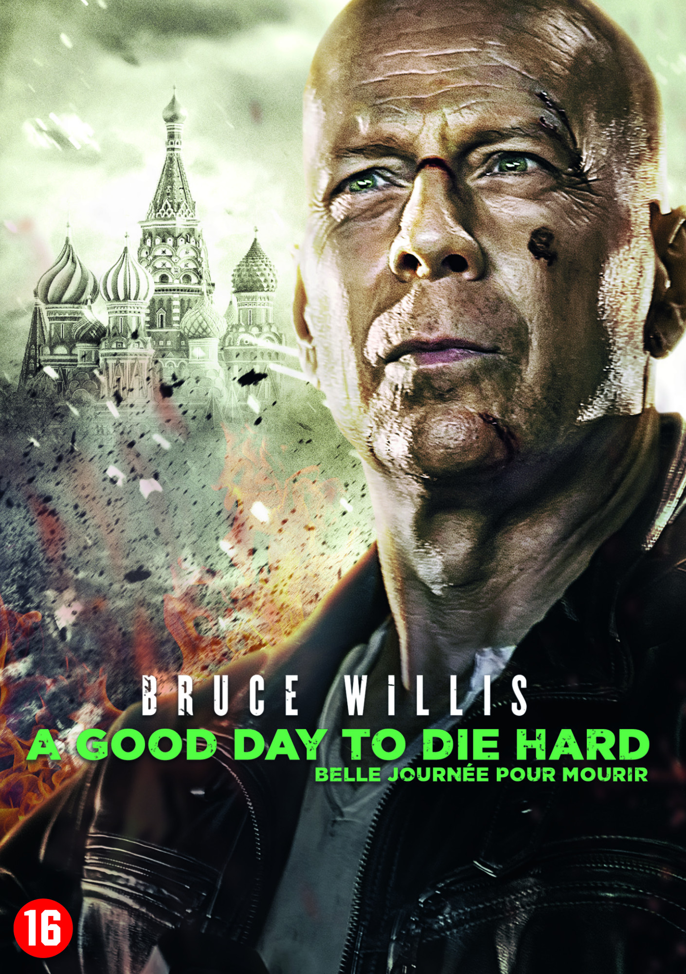 Affiche de film avec Bruce Willis, une ville en arrière-plan, film d'action.