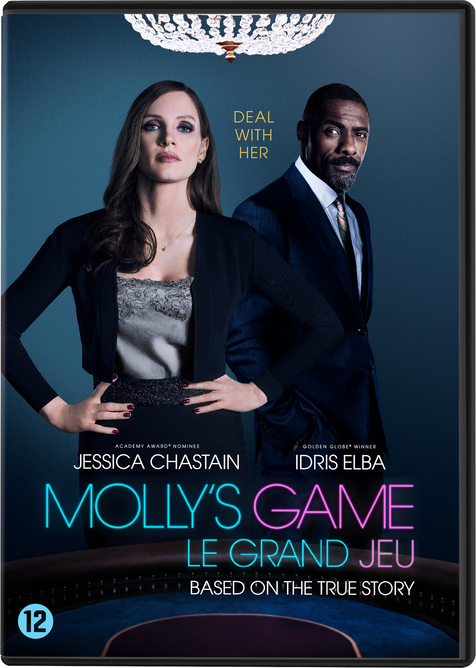 Couverture DVD de 'Molly's Game' avec Jessica Chastain et Idris Elba.