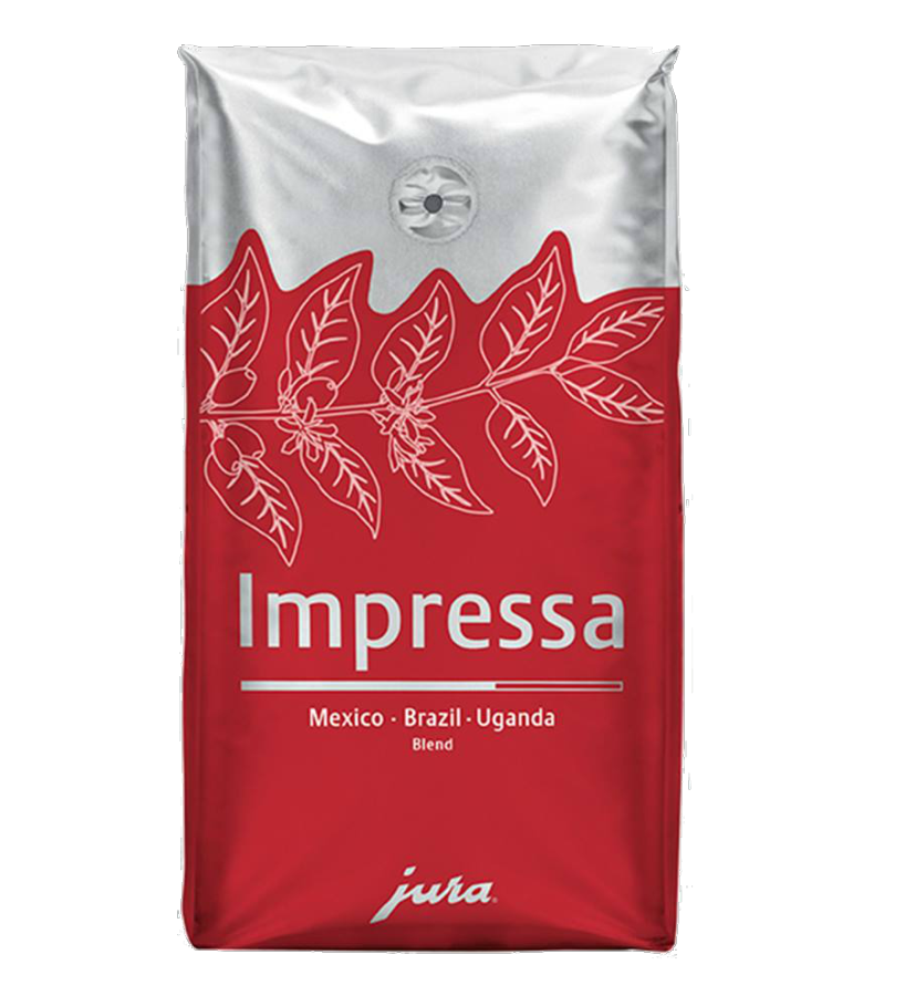 Una bolsa de café roja y plateada etiquetada 'Impressa'. La bolsa muestra diseños de hojas blancas y marca.