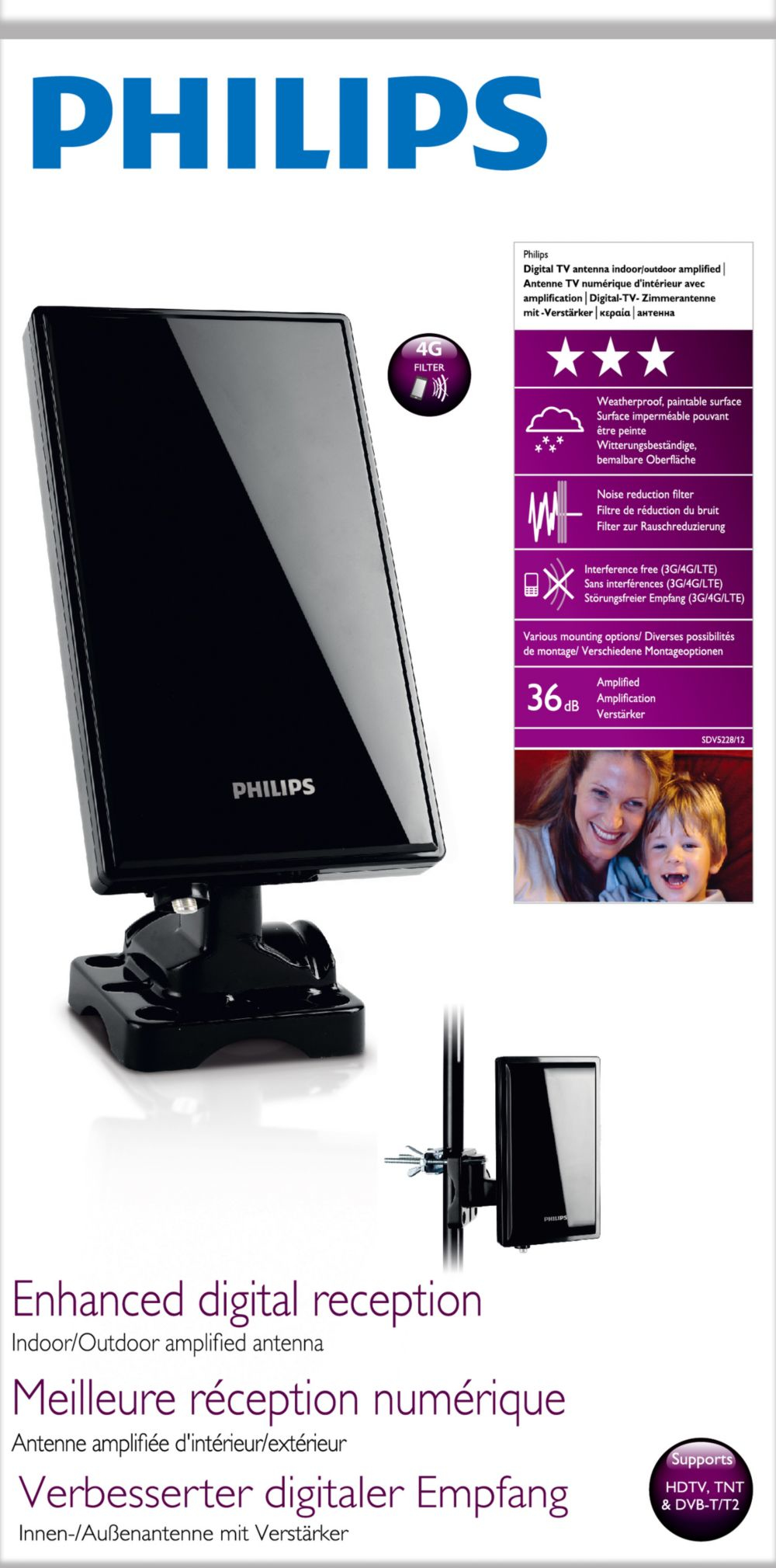 Una antena de TV digital Philips, negra, con texto promocional e imagen familiar.