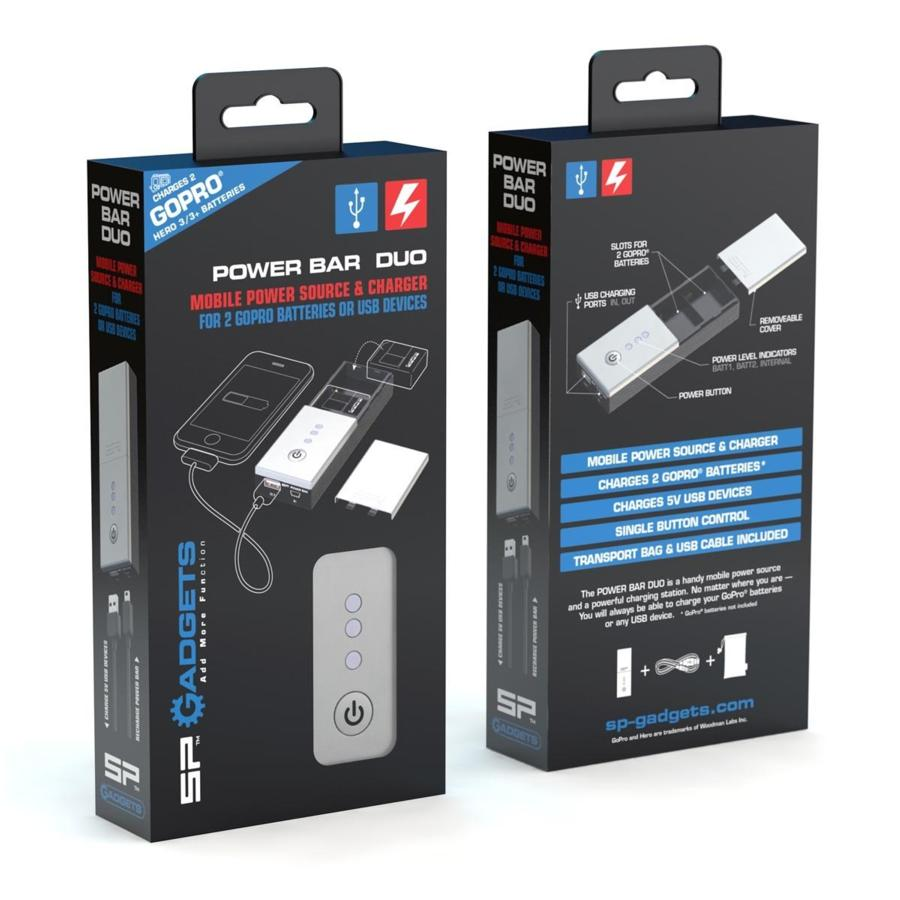 Accesorio cámara deportiva - POV Case POWERBAR DUO, Indicador LED, USB, Negro y Plata