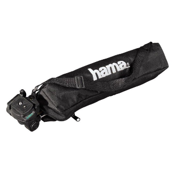 Bolsa negra para trípode Hama. La bolsa es larga y tiene una correa para el hombro, sobre fondo blanco.