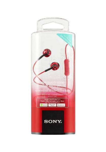 Auriculares internos Sony en un paquete de plástico transparente. Combinación de colores rojo y negro.