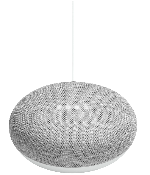 Altavoz Google Home Mini gris con luces blancas, colgando de un cable blanco.