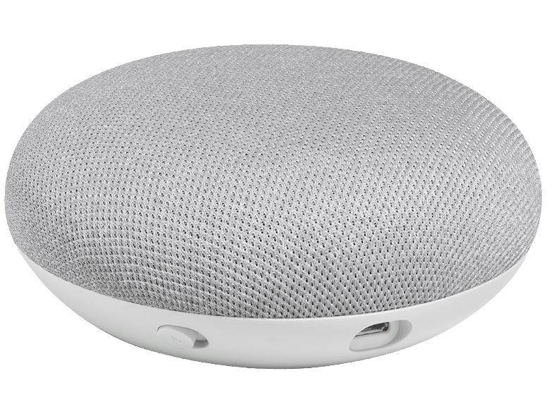 Un altavoz Google Nest Mini blanco. Tiene una cubierta de tela y algunos botones.