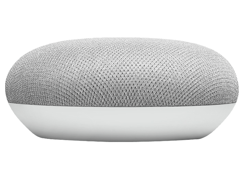 Un pequeño altavoz Google Nest Mini gris con una base blanca, visto de lado.