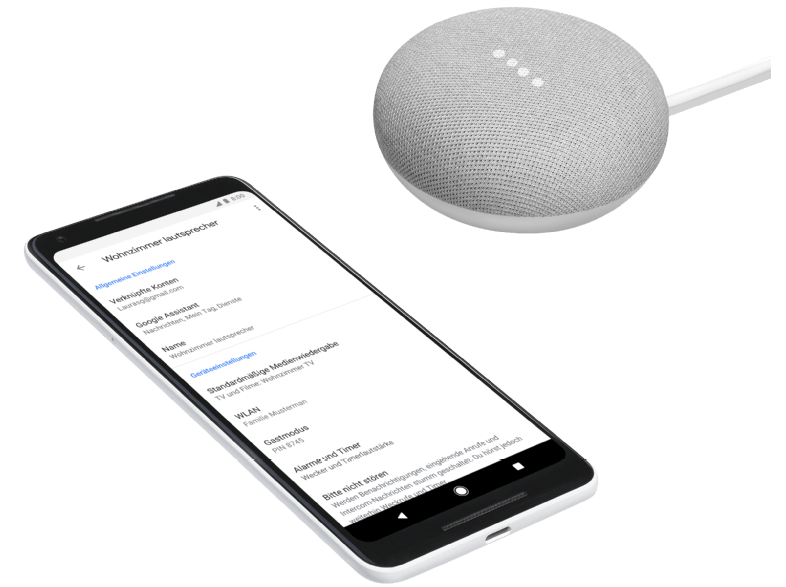 Smartphone junto a un altavoz Google Nest Mini. El teléfono muestra el menú de configuración.