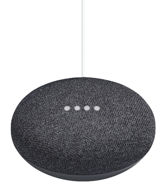 Altavoz Google Nest Mini gris oscuro con tres luces blancas y cable blanco.