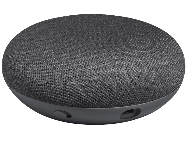 Un altavoz Google Nest Mini gris, forma redonda, con controles en la parte inferior.
