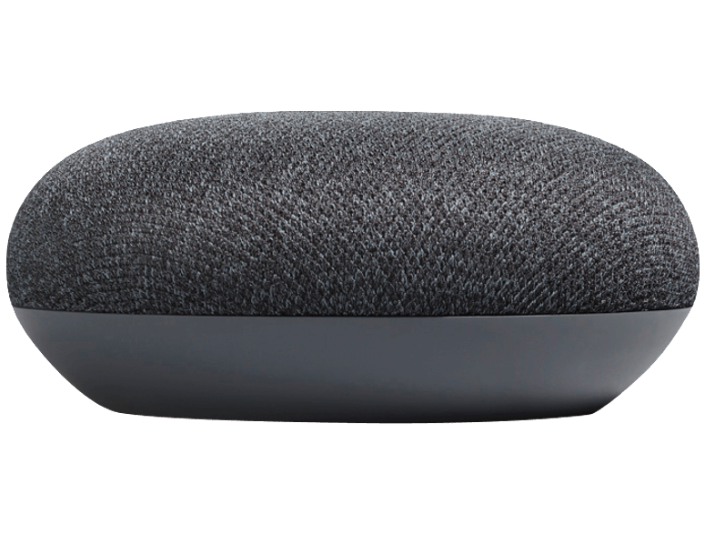 Un pequeño altavoz Google Nest Mini gris con una base gris. Está sobre una superficie blanca.