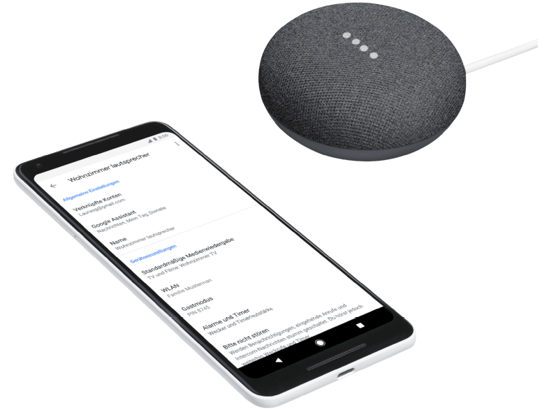 Un smartphone y un altavoz inteligente con un fondo blanco. El teléfono muestra el menú de configuración.