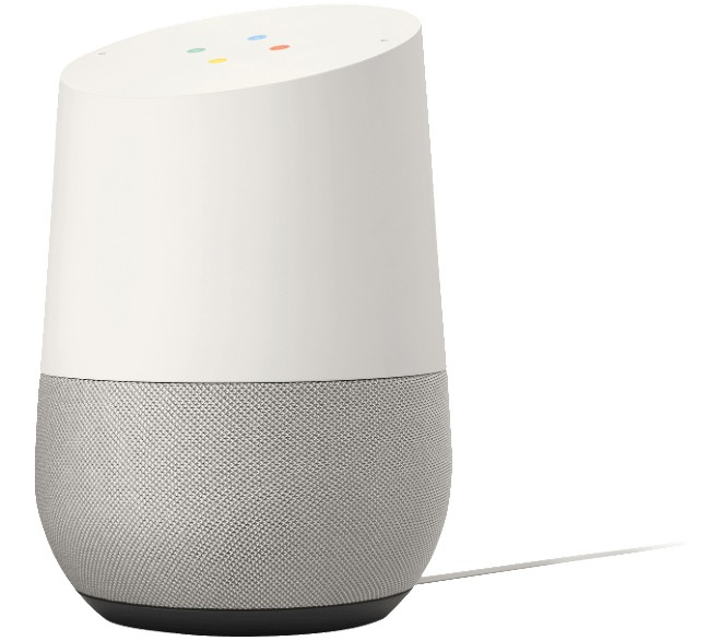 Altavoz Google Home blanco con base de malla gris, parte superior blanca y puntos coloridos.