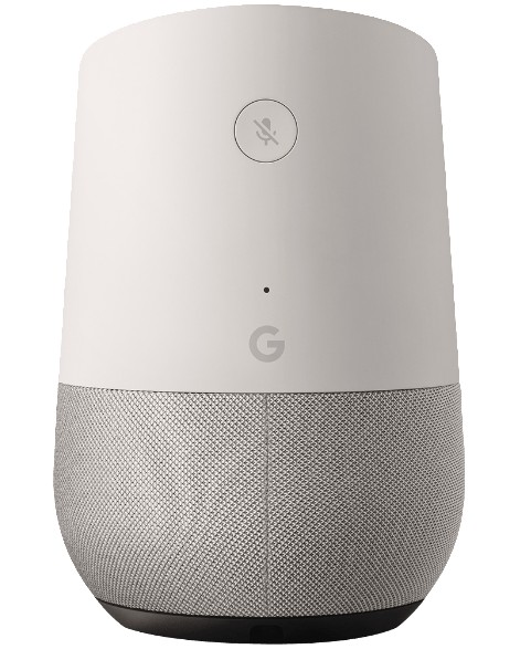 Altavoz inteligente Google Home blanco con base de tela y botón de silencio arriba. Logotipo de Google.