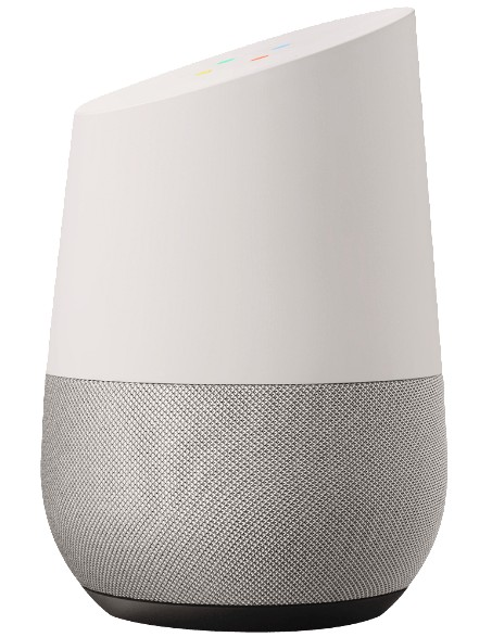 Altavoz inteligente Google Home blanco con base de tela gris, parte superior en ángulo y luces de colores.