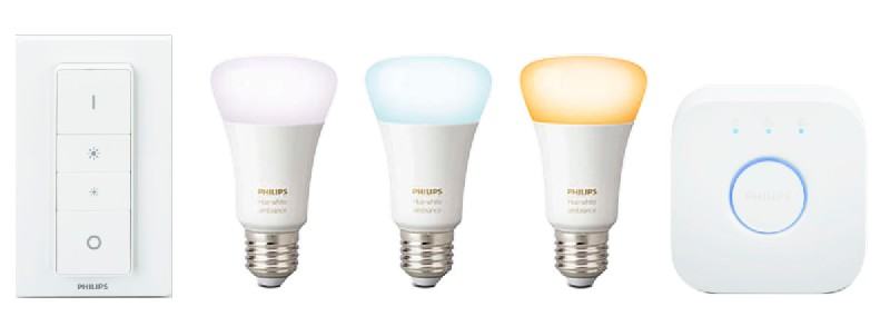 Luces - Kit 3 bombillas LED inteligentes E27, Puente y mando Philips Hue, Luz de cálida a fría