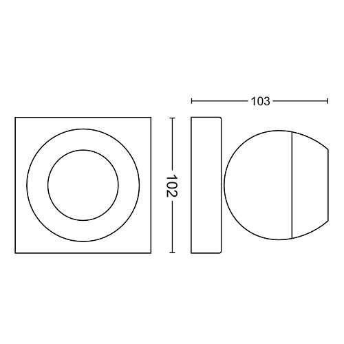 Dibujo técnico con dimensiones. Se muestran formas cuadradas, rectangulares y circulares.