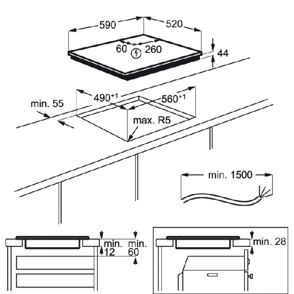 Diagrama de una placa de inducción. Superficie negra con medidas. Dimensiones de corte para la instalación.
