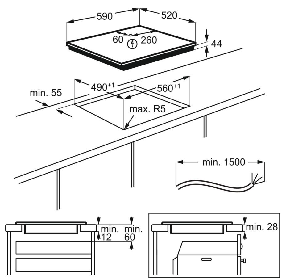 Diagrama de una placa de inducción y sus dimensiones de instalación. Se proporcionan medidas.