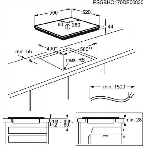 Esquema de una placa de cocina empotrada con dimensiones en mm. Muestra las dimensiones para el recorte.