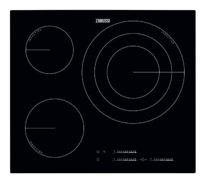 Encimera - Zanussi ZIT6375CB, Vitrocerámica, Eléctrica, Inducción, 3 zonas, 32 cm