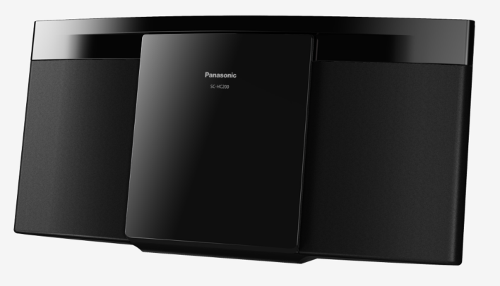 Sistema estéreo negro con parte superior curvada y panel central. Tiene el logo Panasonic.