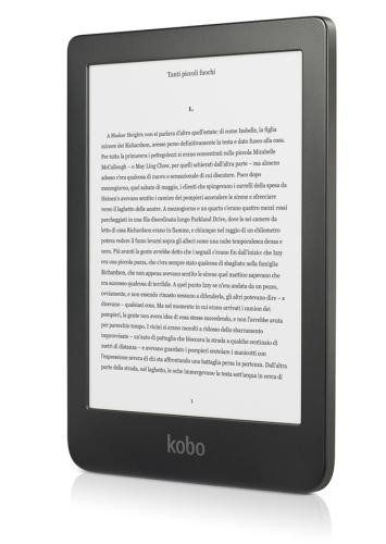 Un lector electrónico negro con una pantalla blanca que muestra texto. El lector tiene un marco negro y un logotipo de Kobo.