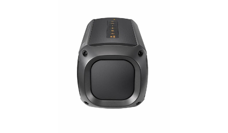 Altavoz LG negro con frontal redondeado y panel de control en la parte superior.