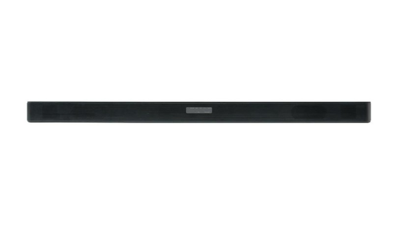 Barra de sonido negra con una pequeña pantalla, sobre fondo blanco. Diseño simple y elegante.
