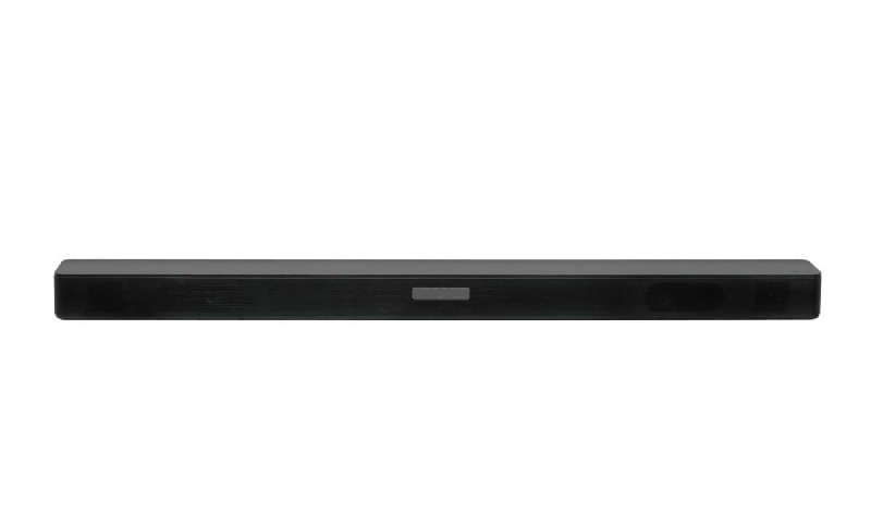 Barra de sonido negra, un dispositivo rectangular largo, sobre fondo blanco.