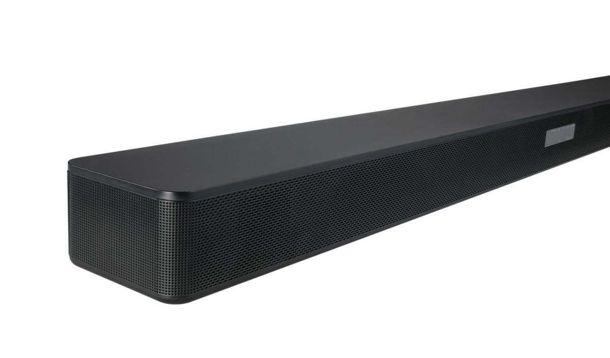 Una barra de sonido negra y larga sobre un fondo blanco.