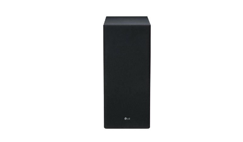 Barra de sonido LG negra sobre blanco. Es rectangular y tiene el logotipo de LG abajo.