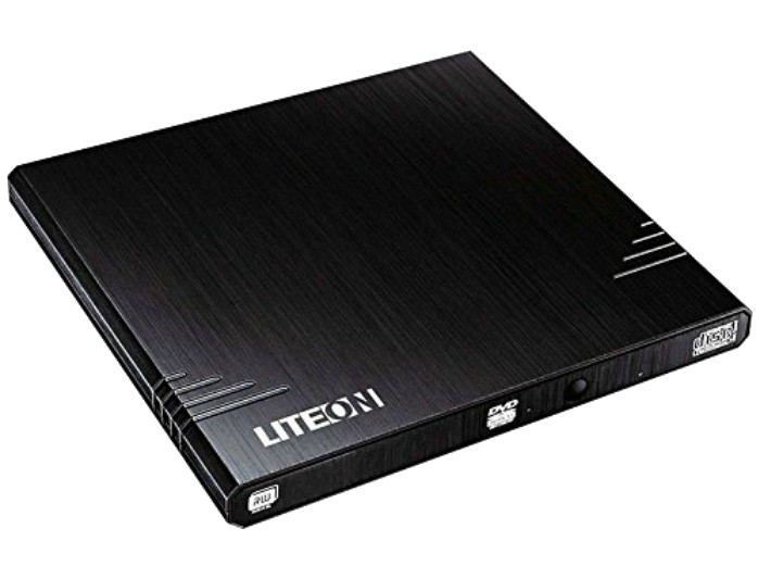 Unidad de DVD LiteOn negra. La parte superior es negra. El nombre de la marca está escrito en la parte superior izquierda.