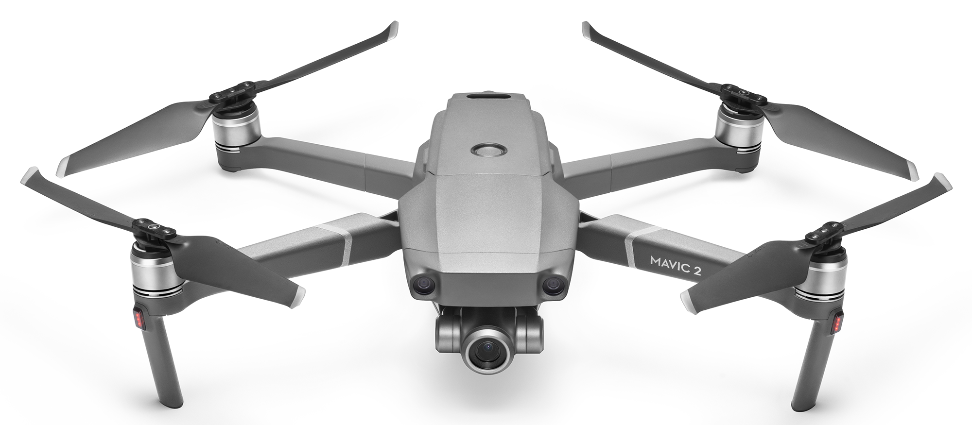 Grijze drone met vier propellers op witte achtergrond.
