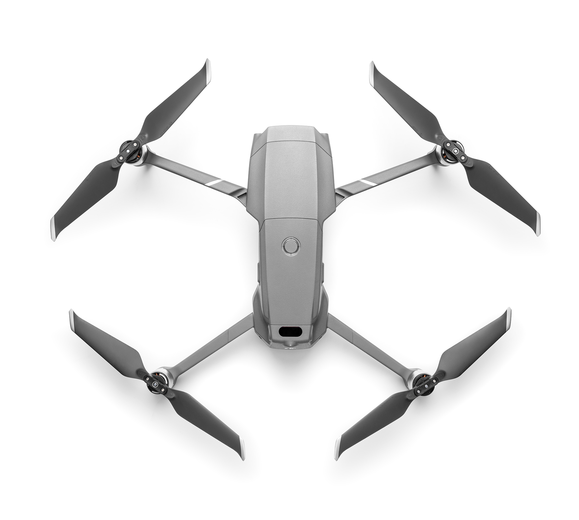 Drone van bovenaf, grijze behuizing, vier zwarte propellers en witte achtergrond.